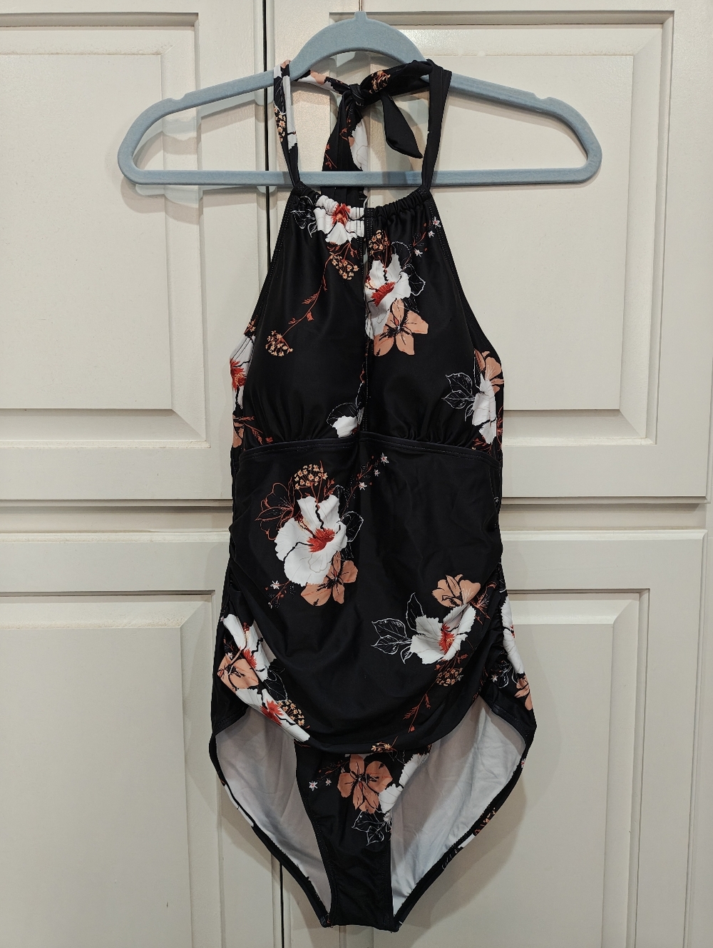 Black Floral One-Piece Swimsuit with Halter Tie